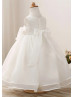 Beaded Ivory Satin Organza Flower Girl Dress With Handmade Flower